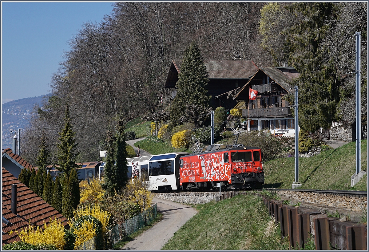 Die MOB GDe 4/4  Fêtes des Vignerons  mit einem Regionalzug nach Zweisimmen kurz nach Chernex.

22. März 2019