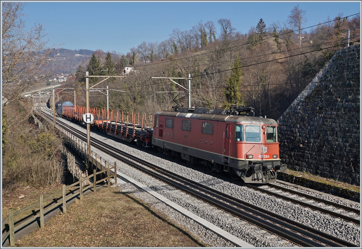 Die SBB Re 420 238-8 ist mit einem kurzen Güterzug in Richtung Palézieux zwischen Bossières und Grandvaux unterwegs.

15. Feb. 2019