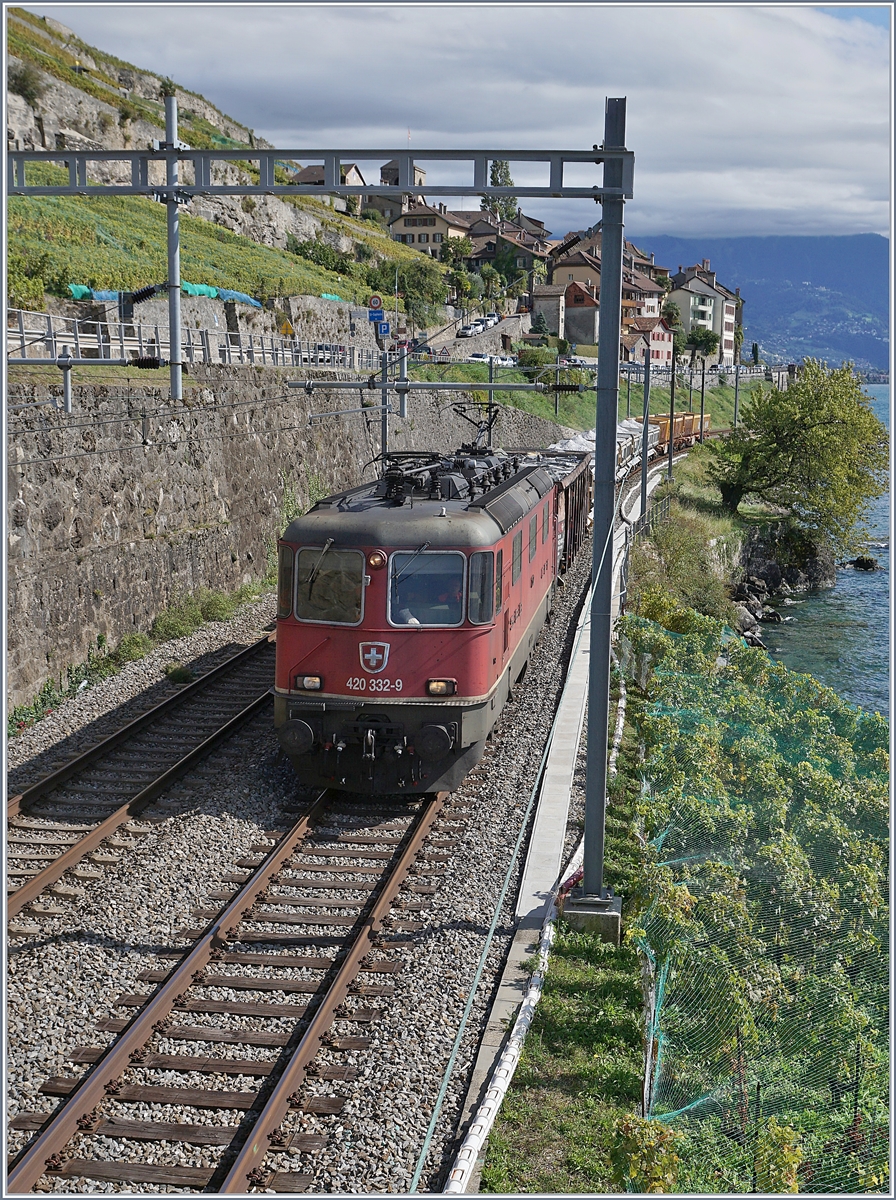 Die SBB Re 420 332-9 mit einem Güterzug bei St-Saphorin auf der Fahrt in Richtung Lausanne.

30. Sept. 2019