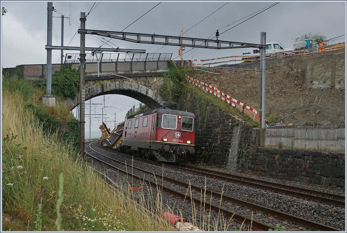 Die SBB Re 4/4 11273 (Re 420 273-5) mit einem Güterzug Richtung Villeneuve bei der Durchfahrt in Cully.

3. Aug. 2020