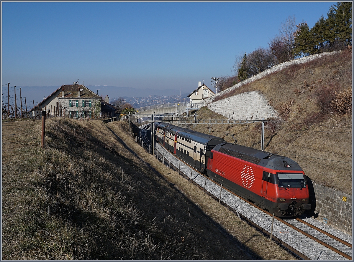 Die SBB Re 460 036-7 ist mit einem IC in Richtung Bern zwischen Bossiéres und Grandvaux unterwegs.

15. Feb. 2019