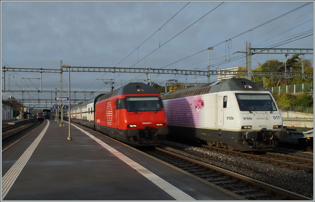 Die SBB Re 460 (bewegunsunscharf) überholt mir hoher Geschwindigkeit die BLS Re 465. 
Morges, den 15. Okt 2014