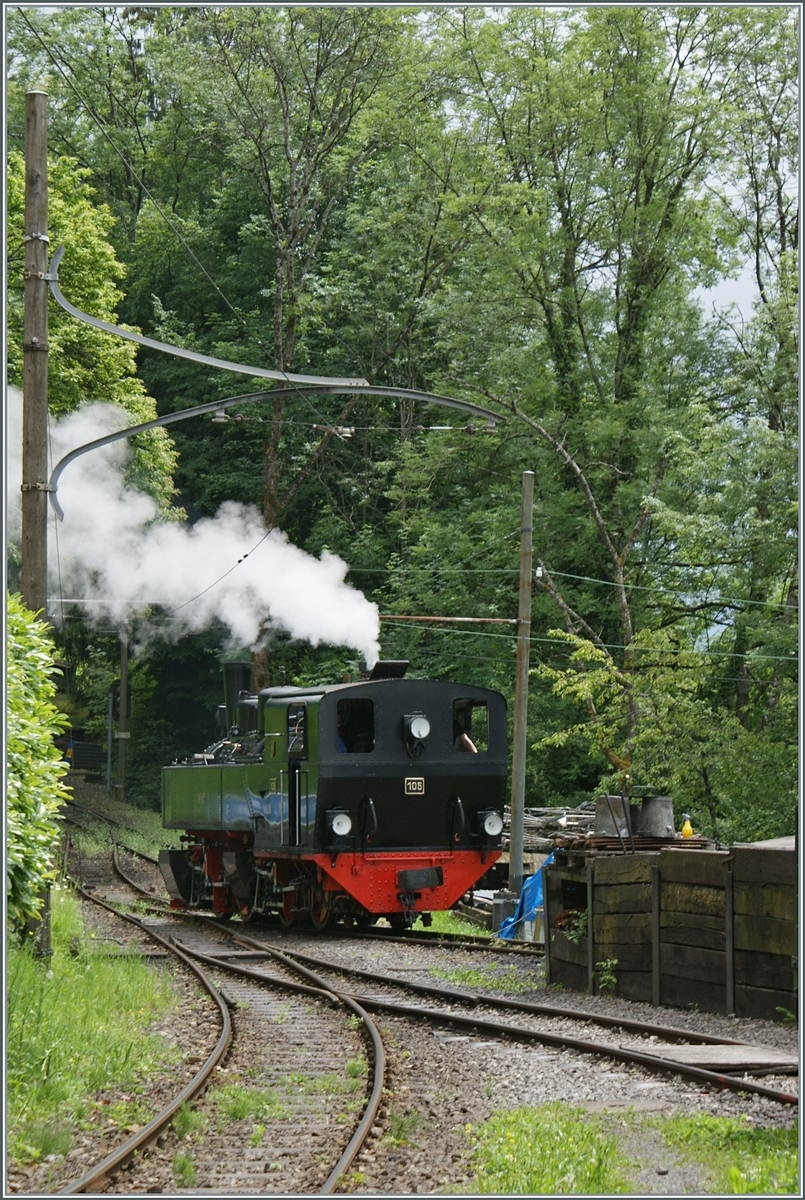 Die SEG G 2x 2/2 105 der Blonay Chamby Bahn dampft in Chaulin zur Bekohlungsanlage.

9. Juni 2024