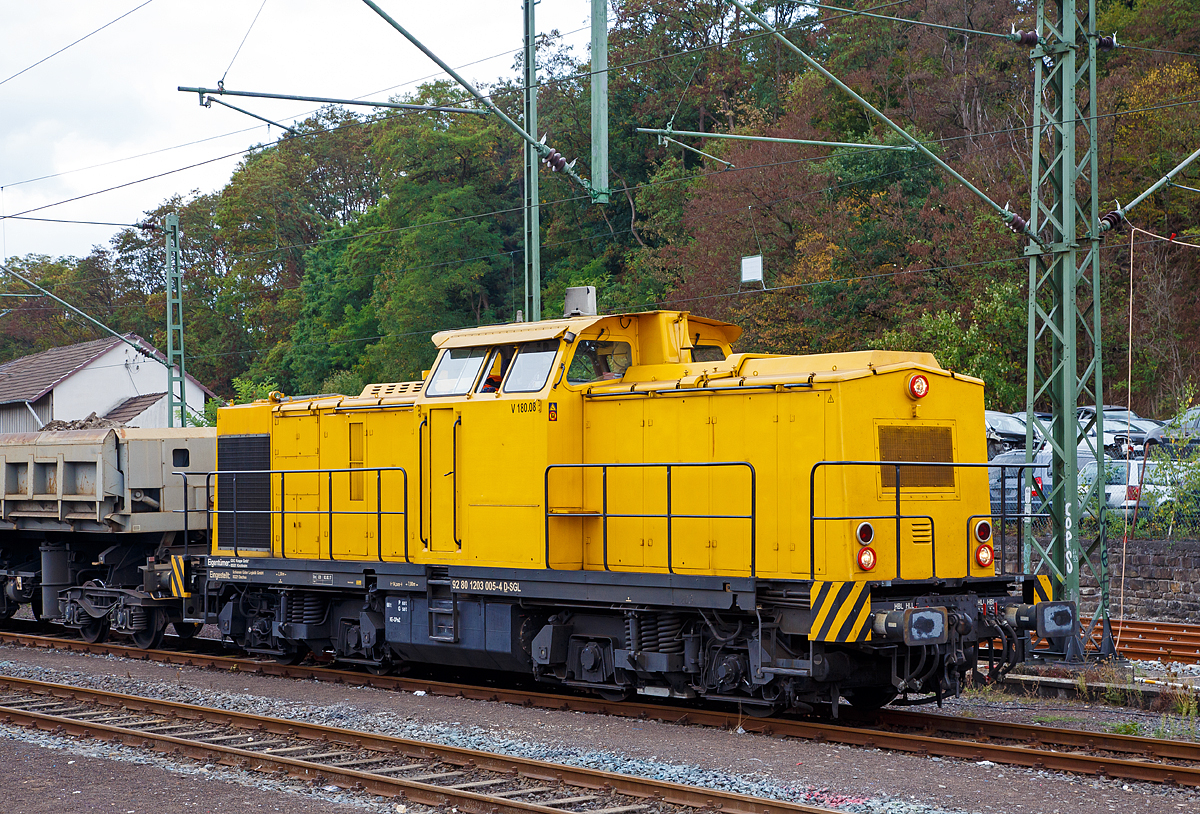 
Die V 180.08 (92 80 1203 005-4 D-SGL) der GSG Knape GmbH (eingestellt durch SGL - Schienen Güter Logistik GmbH, die wiederum zur Knape Gruppe gehört) steht am 15.09.2018 mit Zweiseitenkippwagen der Gattung Fas im Bahnhof Au (Sieg).

Die V 100.1 wurde 1973 bei LEW (VEB Lokomotivbau Elektrotechnische Werke „Hans Beimler“, Hennigsdorf) unter der Fabriknummer 13887 gebaut und als 110 569-1 an die DR ausgeliefert. 

Weiterer Lebenslauf:
1983 Umbau in DR 112 569-9
1992 Umzeichnung in DR 202 569-0
1998 Ausmusterung als DB 202 569-0
1999 an SFZ - Schienenfahrzeugzentrum Stendal (und Umbau)
2002 an EBM Gummersbach als EBM 203 004-7
2004 an ALS - ALSTOM Lokomotiven Service GmbH, Stendal
2006 an A.V.G. 203 004-7  Uschi 
2009 wieder an ALS nun vergabe der NVR 92 80 1203 005-4 D-ALS
Seit 2010 an GSG Knape GmbH, Kirchheim als V 180.08