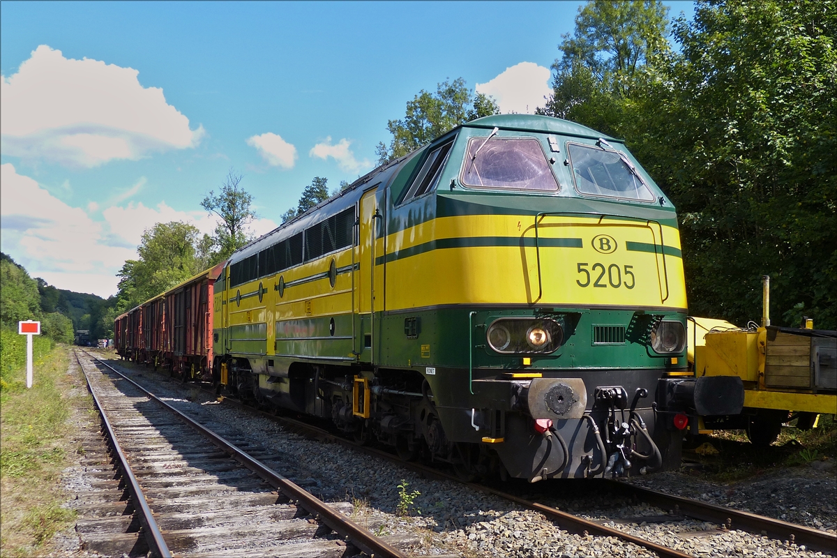 Diesellok 5204 wird im Bahnhof von Dorinne Durnal vor ein paar Güterwagen gespannt um damit èber die Museumsstrecke des PFT zu dem nächsten Fotohalt zu fahren wo die Fotografen dn Zug Sehnsüchtig erwarten.  14.08.2017 