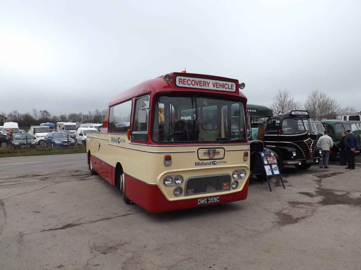 DMS359C is a 1965 Leyland Leopard, delivered new to Alexander (Midland) as a 49 seat coach, carrying an Alexander Y type body.  Later, it was converted to a recovery vehicle, as it is preserved.

Photographed at Brough, Cumbria, UK, 5th April 2015.
