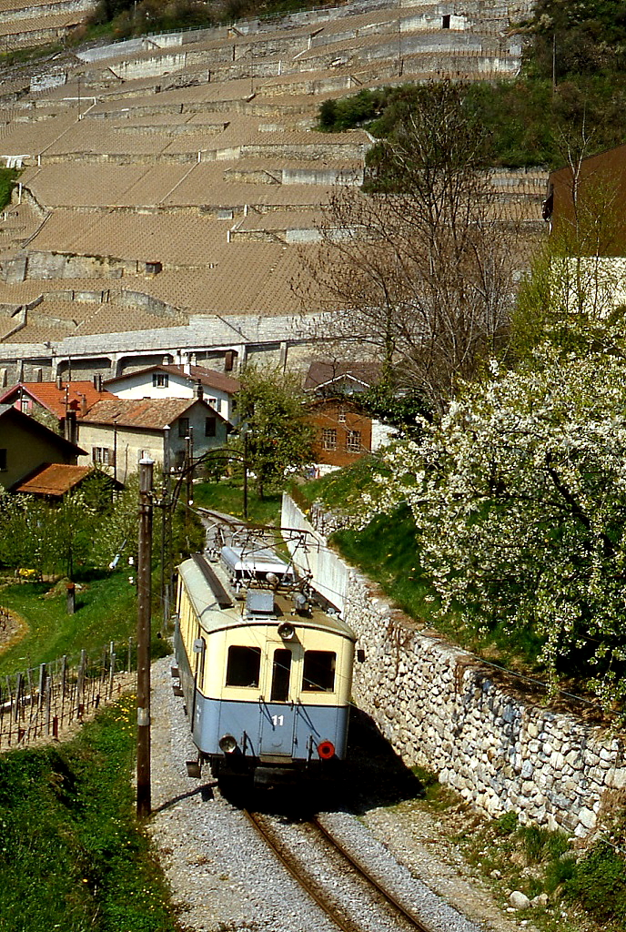 Durch die Weinberge oberhalb von Aigle rollt der ABFe 4/4 11 der ASD im Mai 1980 hinab