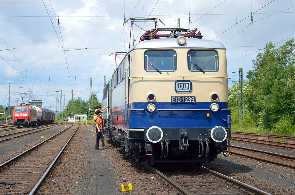 E10 1239 (Lokomotivclub 103) in der Lokaufstellung zur Lokparade beim Sommerfest in Koblenz am 18.06.2016. Ich gehörte zur Lokbesatzung der 141 228 beim Sommerfest, daher konnte ich mit Warnweste dort fotografieren.