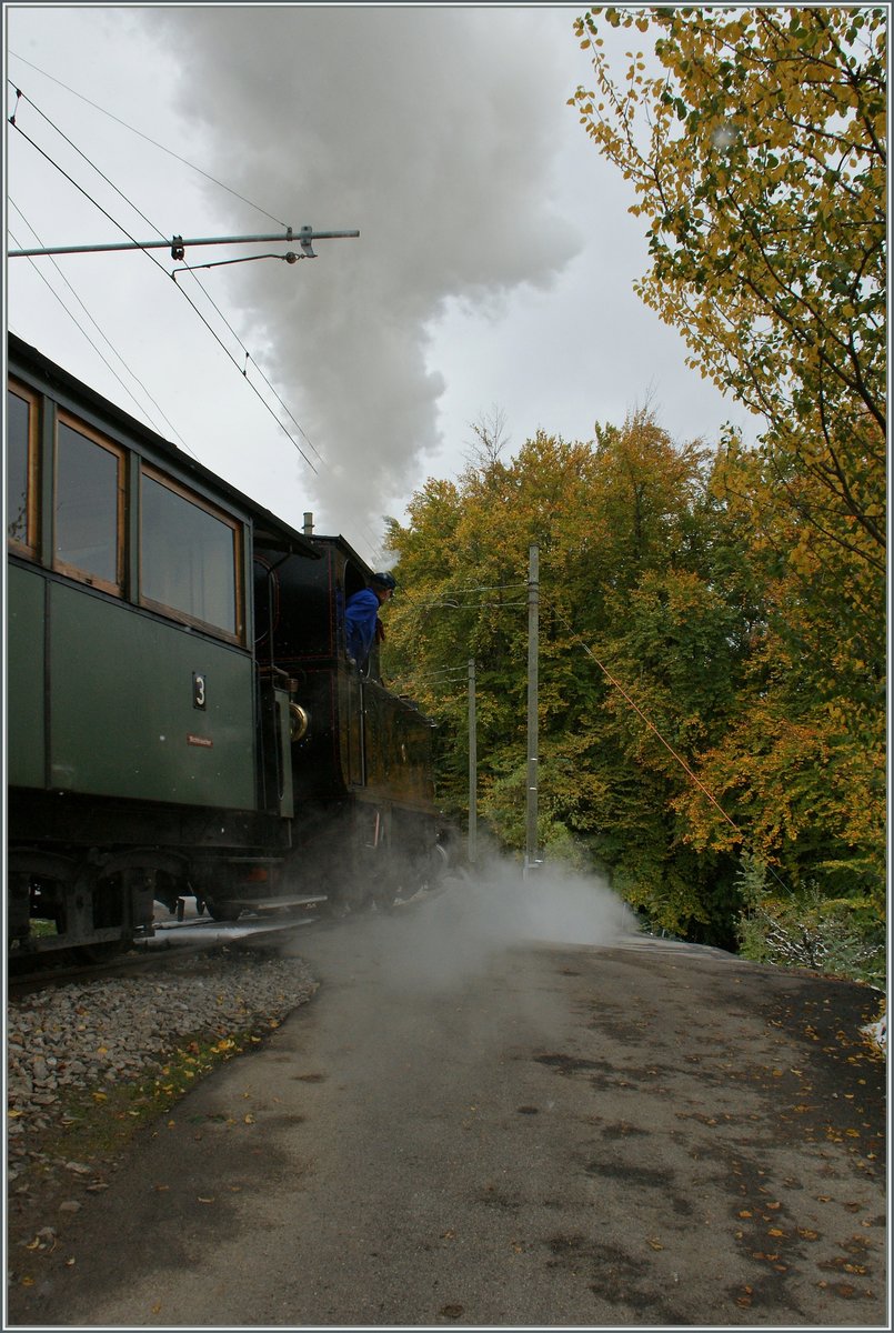 Ein Bahnbild der etwas anderen Art: Dampfambiente einmal aus der Froschperspektive und als Nachschuss...

Letzter Saisonbetriebstag der Blonay-Chamby Bahn.

Bei Blonay, den 28. Okt 2012