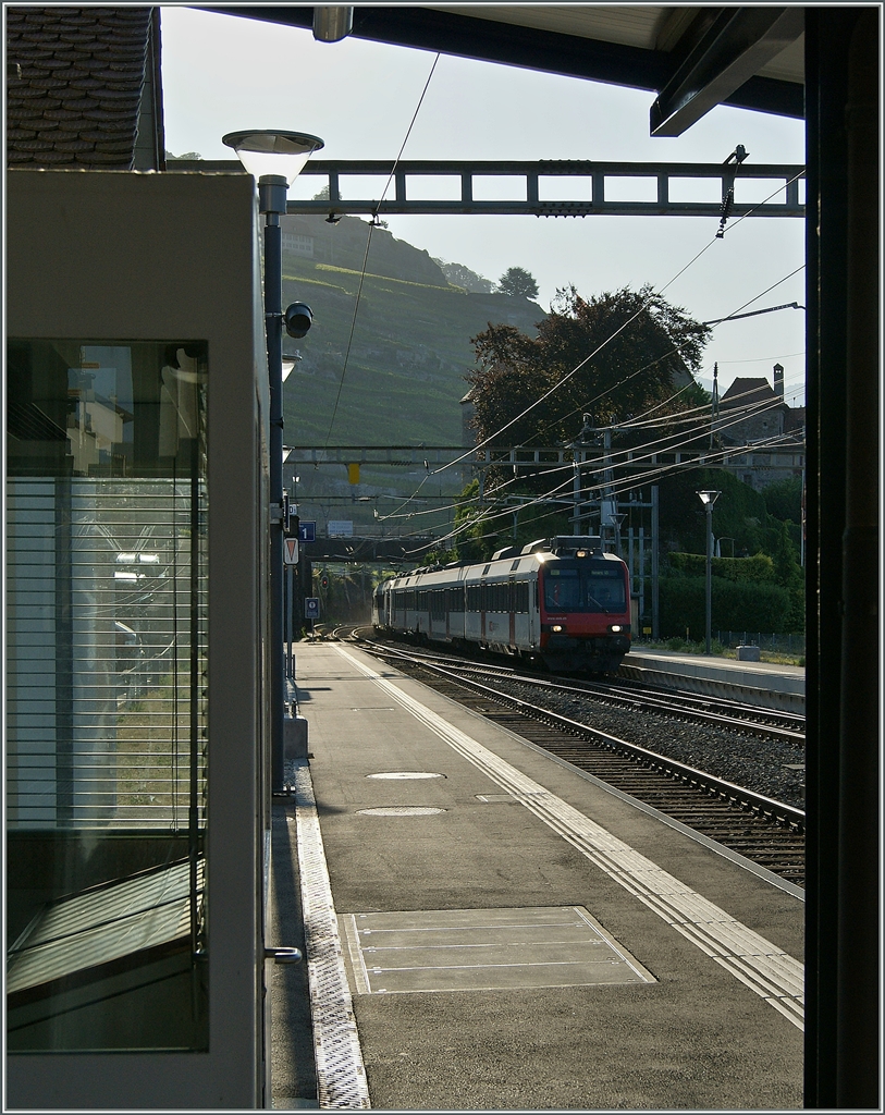 Ein Gegenlichtbild eines in Rivaz ankommenden SBB RBDe 560 Domino. 

14. Juli 2015