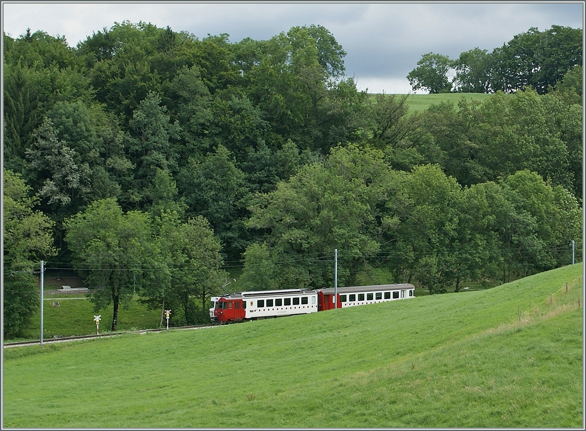 Ein kurzer TPF Regionalzug zwischen Châtel St-Denis und Palézieux kurz vor Bossonnens. 

12. Juli 2012