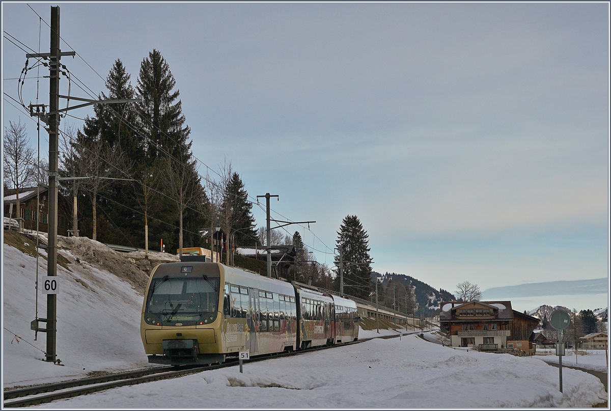 Ein Lenkerpendel (Bt/Be 4/4 ABt) bei Schönried. 
10. Jan. 2018