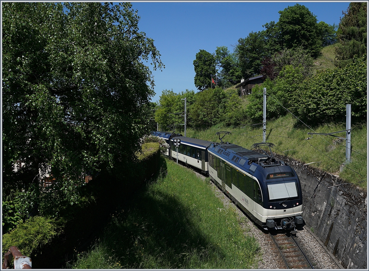 Ein MOB Alpina Triebwagenzug auf dem Weg nach Zweisimmen bei Sonzier. 

7. Mai 2020