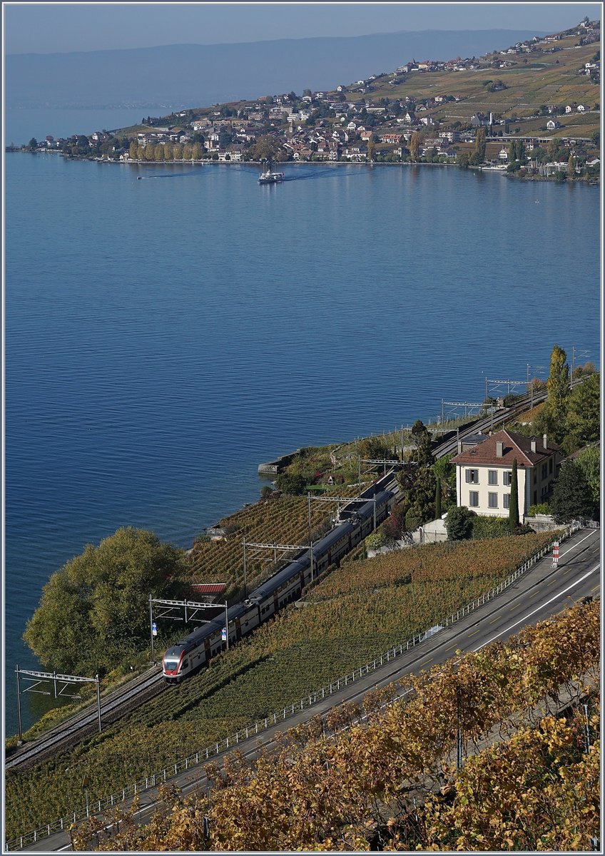 Ein SBB RABe 511 fährt als RE von Genève nach Vevey kurz nach Cully dem Genfersee entlang. 

18. Okt. 2017