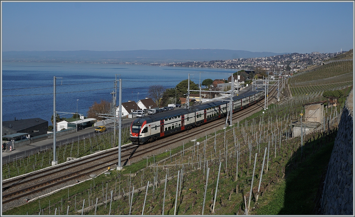 Ein SBB RABe 511 ist kurz nach Cully auf dem Weg nach Annemasse. 
1. April 2021