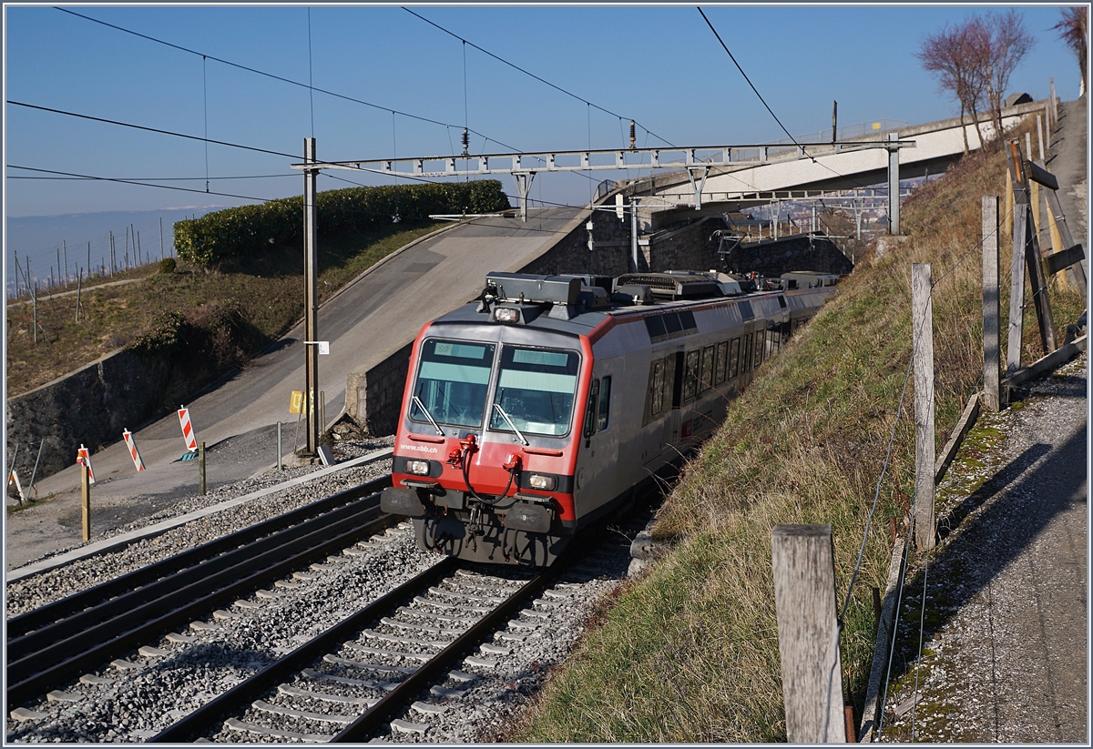 Ein SBB RBDe 560 Domino kurz vor Grandvaux auf der Fahrt nach Palézieux.

6. Feb. 2019