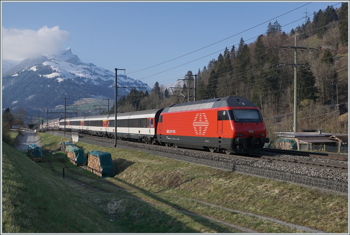 Ein SBB Re 460 ist bei Mülenen mit einem IC nach Brig unterwegs. 

14. April 2021
