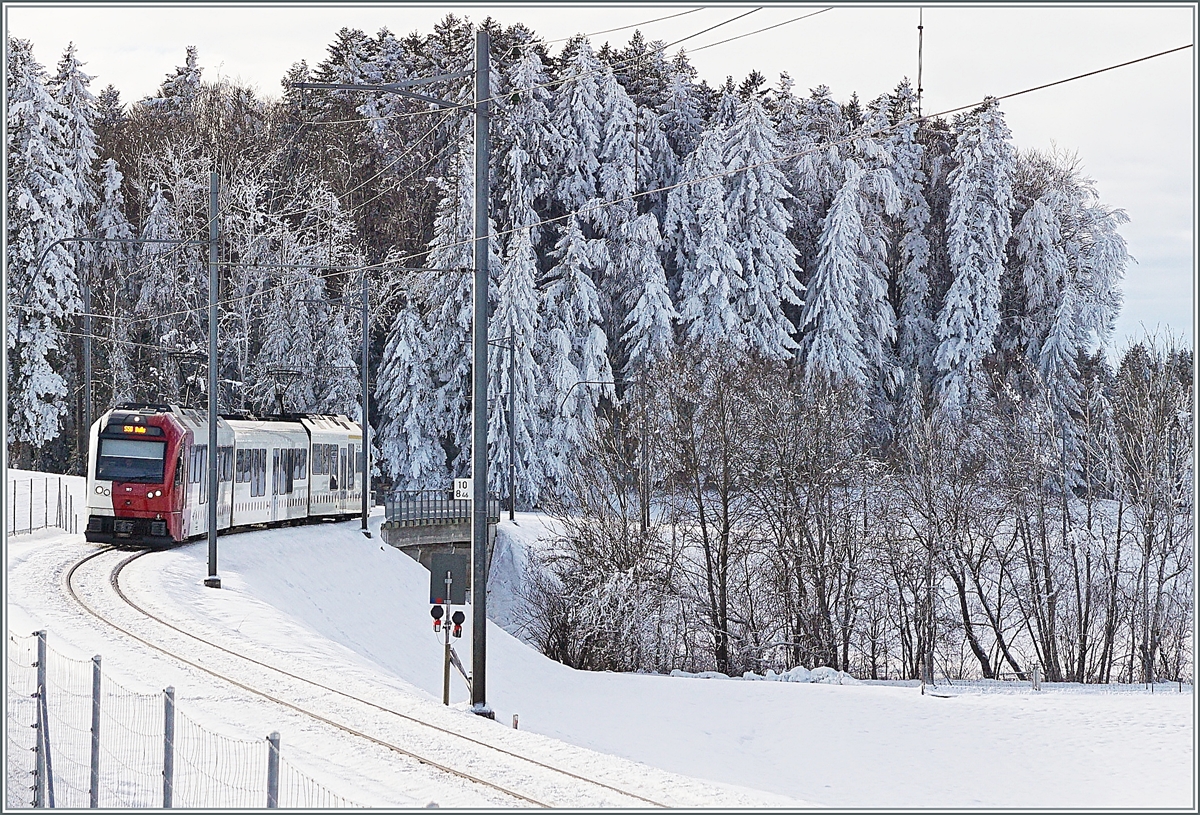 Ein TPF Regionalzug ist kurz vor Vaulruz auf dem Weg nach Bulle. 

23. Dez. 2021