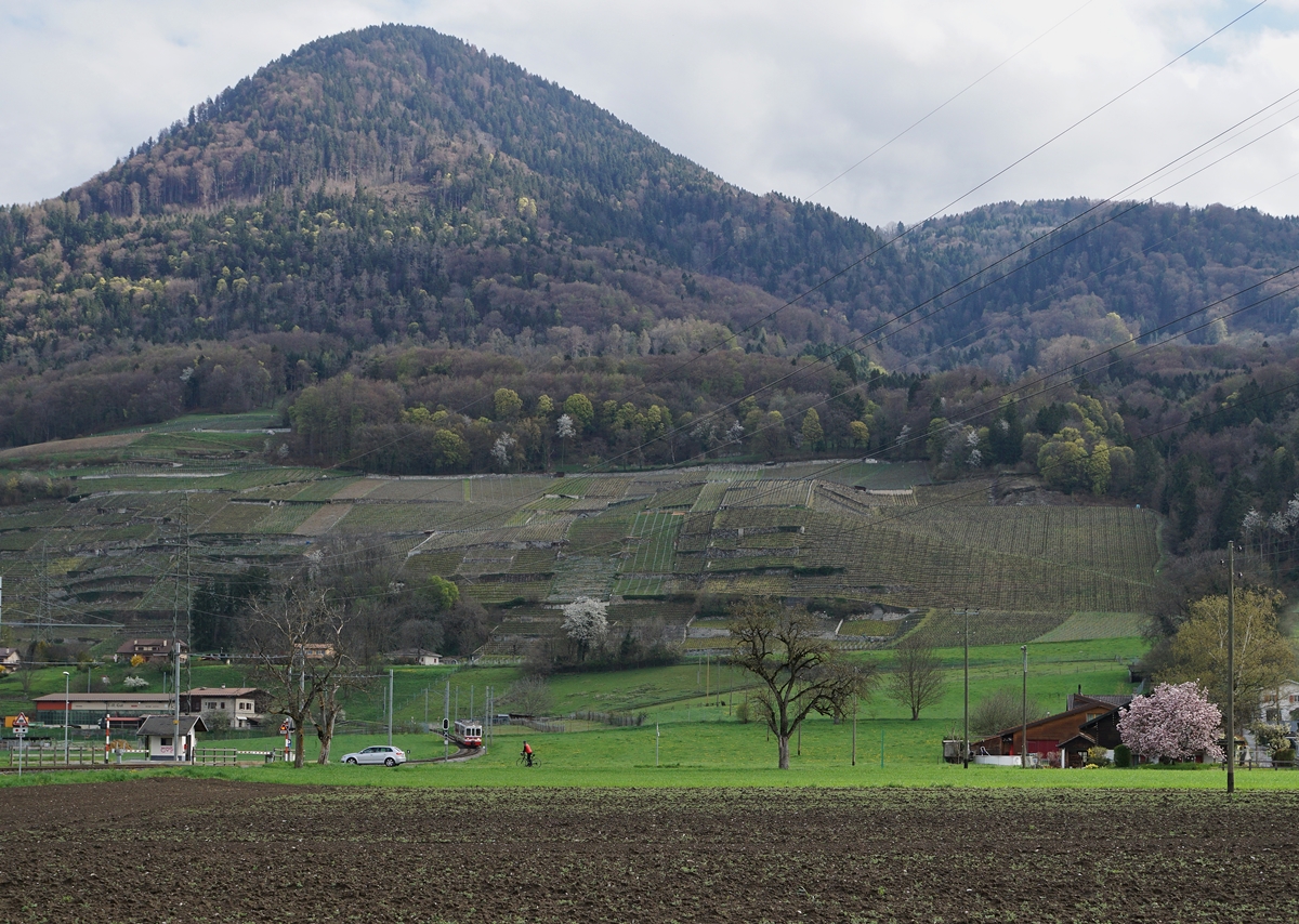 Ein Zugsuchbild: Der BDe 4/4 102 mit seinen Bt 134 an der Spitze erreicht bei Villy die  Rohneebene.

7. April 2016