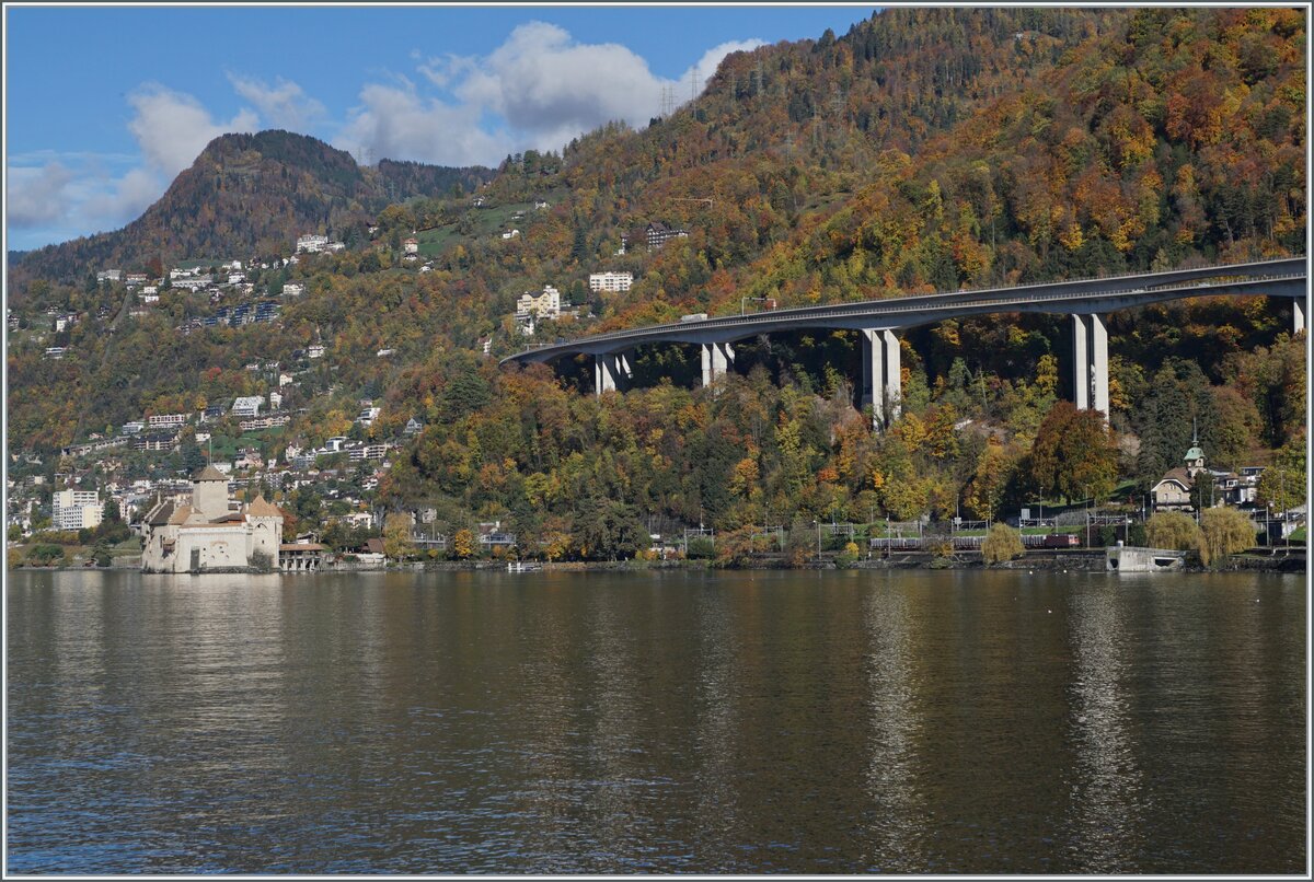 Ein Zugsuchbild: Die SBB Re 4/4 II 11269 (Re 420 269-3) ist mit einem Güterzug zwischen dem Schloss Chillon und Villeneuve unterwegs. 

16. Nov. 2022 