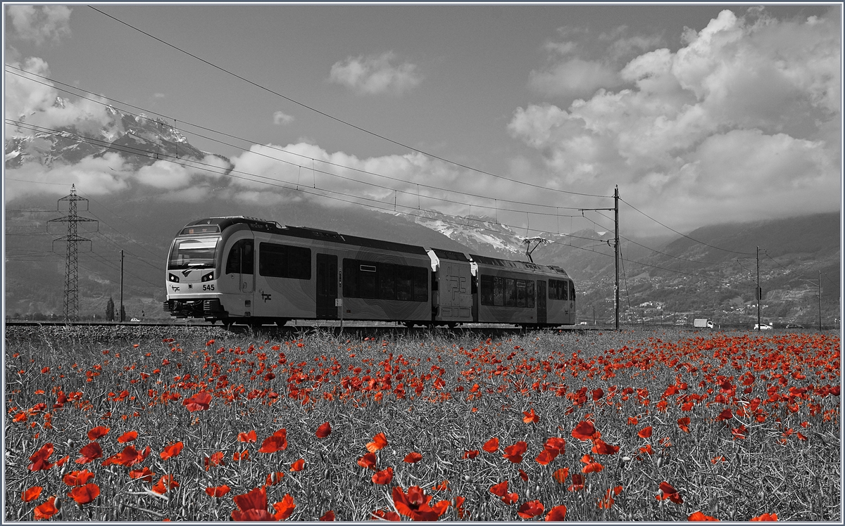 Eine Bildvariante, welche die Mohnblumen hervorhebt. Im Hintergrund fährt der TPC SURF GTW Bhe 2/6 543 kurz nach Villy Richtung Monthey Ville. 

24. Mai 2018