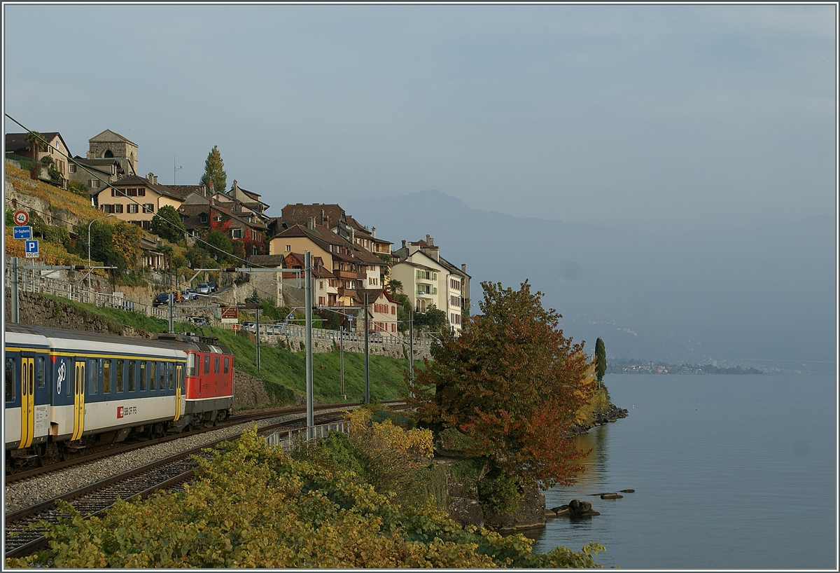 Eine Re 4/4 II mit EW I auf der Fahrt Richtung Vevey bei St-Saphorin. 

25. Okt. 2012  