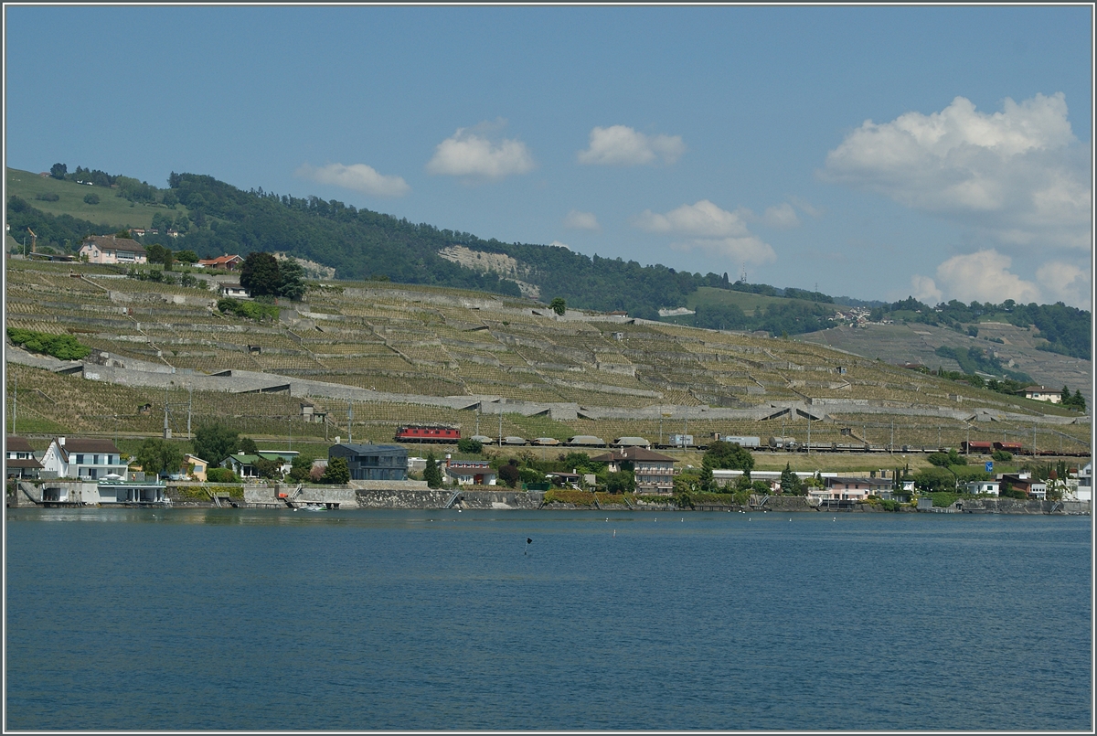Eine Re 6/6 mit einem Güterzug auf der Fahrt Richtung Lausanne kurz vor Cully.
6. Juni 2013