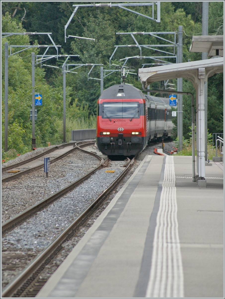 Eine SBB Re 460 erreicht mit ihrem IR 90 von Brig nach Genève-Aéroport Burier. 

7. Sept. 2022
