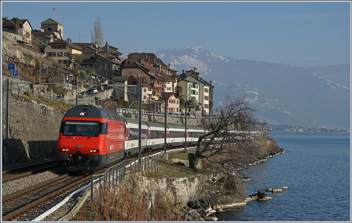 Eine SBB Re 460 mit einem IR nach Genève Aéropport bei St-Saphorin. 

25. Jan 2019