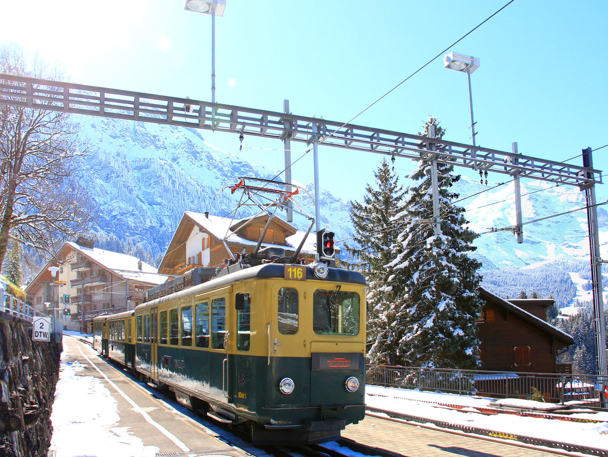 Einer der drei letzten traditionellen Triebwagenzüge (116 mit den Steuerwagen 278 und 267) als Sommerformation im morgendlichen Gegenlicht des tief-winterlichen Wengen, 29.April 2017. 