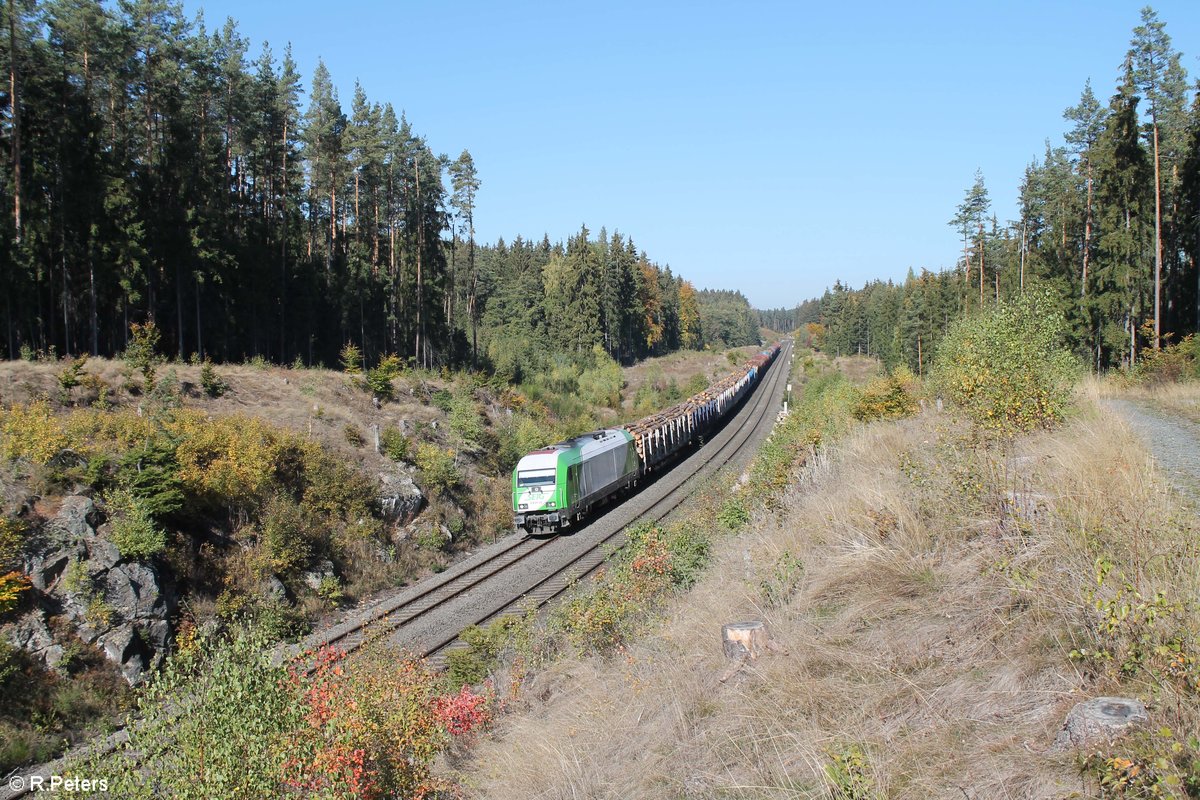 ER20 alias 223 101 zieht kurz vor Oberteich ein Holzzug von Cheb nach Wiesau. 12.10.18