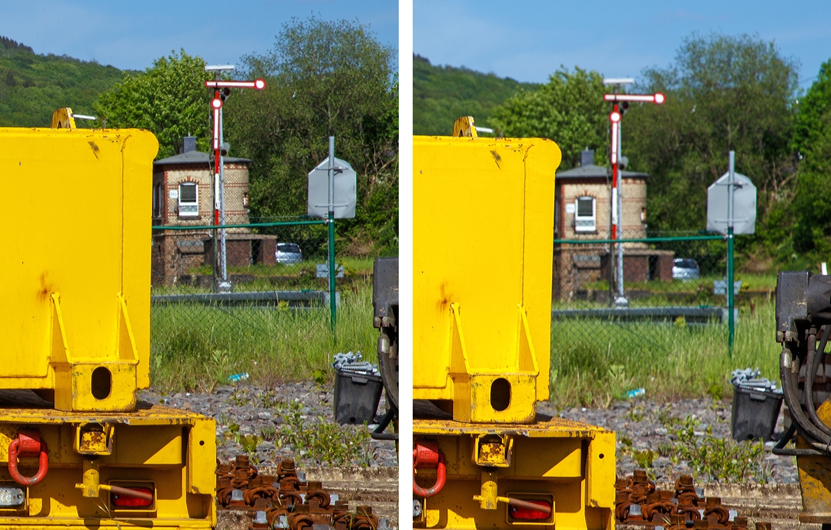 
Etwas Fotokunde zur Tiefenschrfe:
Anhand dem Gleisbauanhnger T5020-2 Schottermulden der DB Bahnbaugruppe GmbH, abgestellt am 18.05.2015 beim Bahnhof Herdorf.

Links mit Blende f = 20 und rechts mit Blende f = 11 

Fr den Vergleich habe ich hier einen Bildausschnitt gewhlt, beide wurden jeweils 50% skaliert.  Wrde man hier die originalen Gren von 5.472 x 3.648 Pixel auf 1.200 x 800 Pixel verkleinern, so wre der Unterschied nicht so deutlich. 

Man muss aber wissen die Werte gelten nur fr eine Vollformatkamera (Sensorgre  35,8 mm  23,9 mm „Kleinbild“), bei APS-H oder gar bei kleineren Sensorgren sieht es ganz anders aus. 
