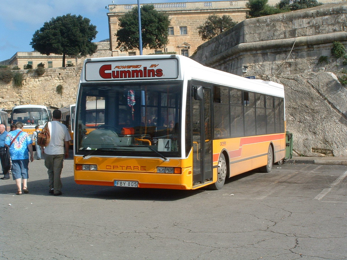FBY 805
1997 Optare Excel
Optare B45F

New to Malta, one of the first low floor buses trialled on the island.  It had a tendency to crack windscreens, owing to the rough roads.  The front end was rebuilt to strengthen it locally.

Photographed in the Bus Station in Valletta, 19th November 2008.
