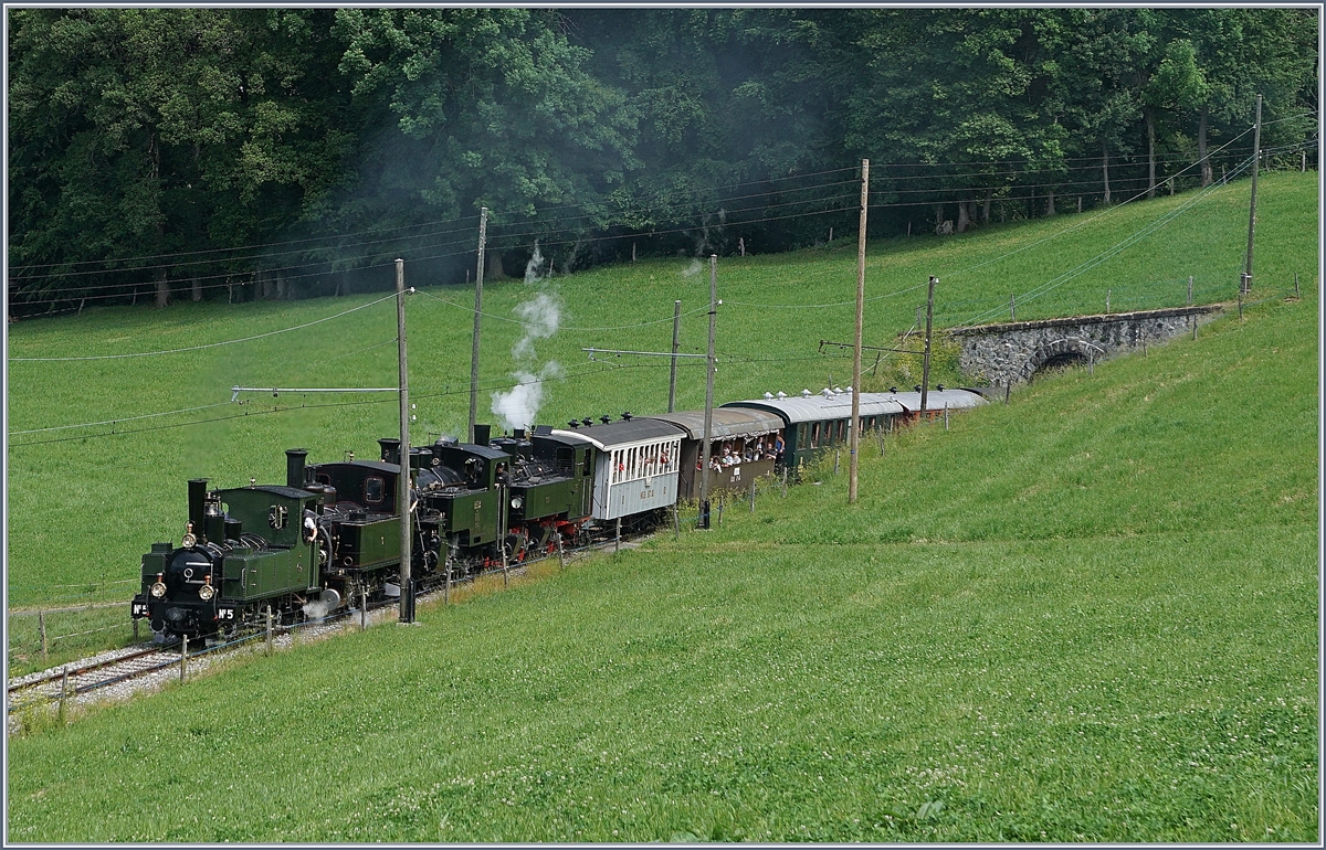 Festival Suisse de la vapeur (Schweizer Dampffestival 2017): Sicher, es geht auch noch mit mehr Dampfloks, aber vier wunderschöne Blonay-Chamby Bahn Loks an einem Zug ist doch schon sehr ordentlich, wobei mir kleine Züge mit nur einer Lok fast noch fast besser gefallen.

Im Bild die G 3/3 (ex LEB) die G 3/3 N° 6 (ex JS/BAM), die Hg 3/4 N° 3 (ex BFD) und zum Schluss die G 2x 2/2 105; gemeinsam ziehen diese Loks einen langen Zug von (Vevey) -Blonay nach Chaulin und konnten beim Cornaux fotografiert werden. 

3. Juni 2017