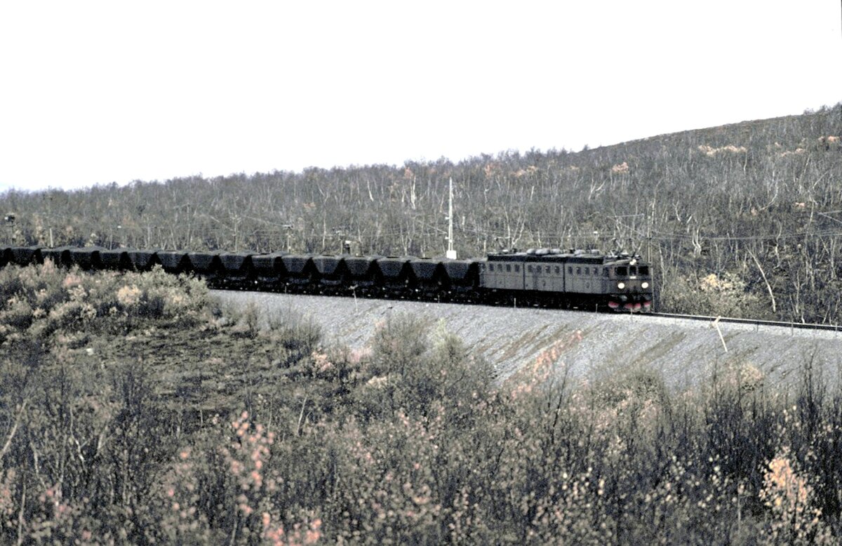 Foto von Kenth Öhlin in Sammlung von Karl Sauerbrey: SJ Dm 3 mit Erzzug bei Abisco im September 1982.