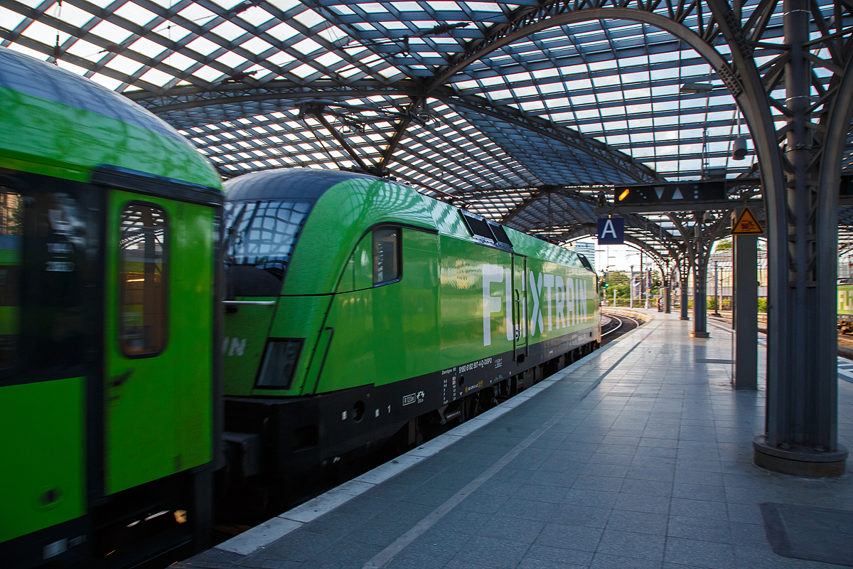 Frh morgens im Hbf Kln....
Der Fotograf war zu langsam, die an die IGE - Internationale Gesellschaft fr Eisenbahnverkehr GmbH & Co. KG (Hersbruck) fr FLIXTRAIN Verkehre vermiete MRCE Dispolok ES 64 U2-007 bzw. 182 507-4 (91 80 6182 507-4 D-DISPO) verlsst am 14.05.2022 mit einem FlixTrain den Hauptbahnhof Kln.

Die Siemens ES 64 U2 wurde 2002 von Siemens in Mnchen-Allach unter der Fabriknummer 20563 gebaut und Siemens Dispolok GmbH (Mnchen) geliefert. Seit Mai 2021 ist sie an die IGE vermietet, die als Eisenbahnverkehrsunternehmen (EVU) den Verkehr der FlixTrain Verbindungen durchfhrt.
