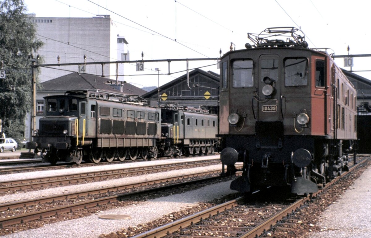 Geführte Besichtigung im Depot Olten Ae 3/6 II Nr.10 439; Ae 4/7 Nr.11 006 und 11 012 am 15.08.1980.