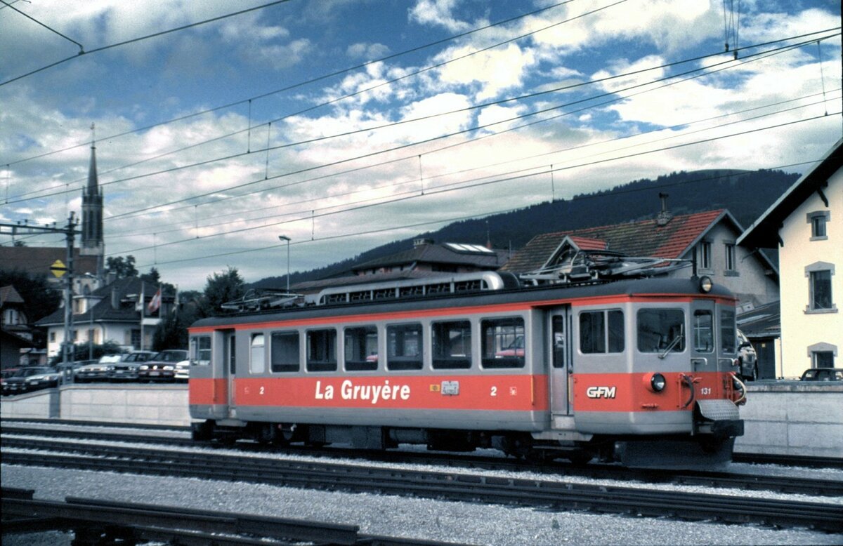 GFM Ce 4/4 Nr.131  La Gruyere  Baujahr 1943 in Chapelle St.Denis am 14.08.1999. Das Fahrzeug wurde 2010 an das Privatuseum Kerzers-Kallnach abgegeben und 2013 zur�ckgegeben. Das Fahrzeug wurde aufgearbeitet und ist aktuell f�r Sonderfahrten im Einsatz.