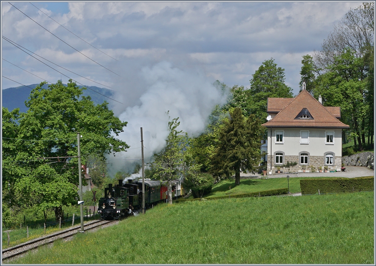 Gleich drei kleine Dampflok bemühen sich mit ihrem Museumszug nach Chamby in der Steigung bei Chaulin.
15. Mai 2016