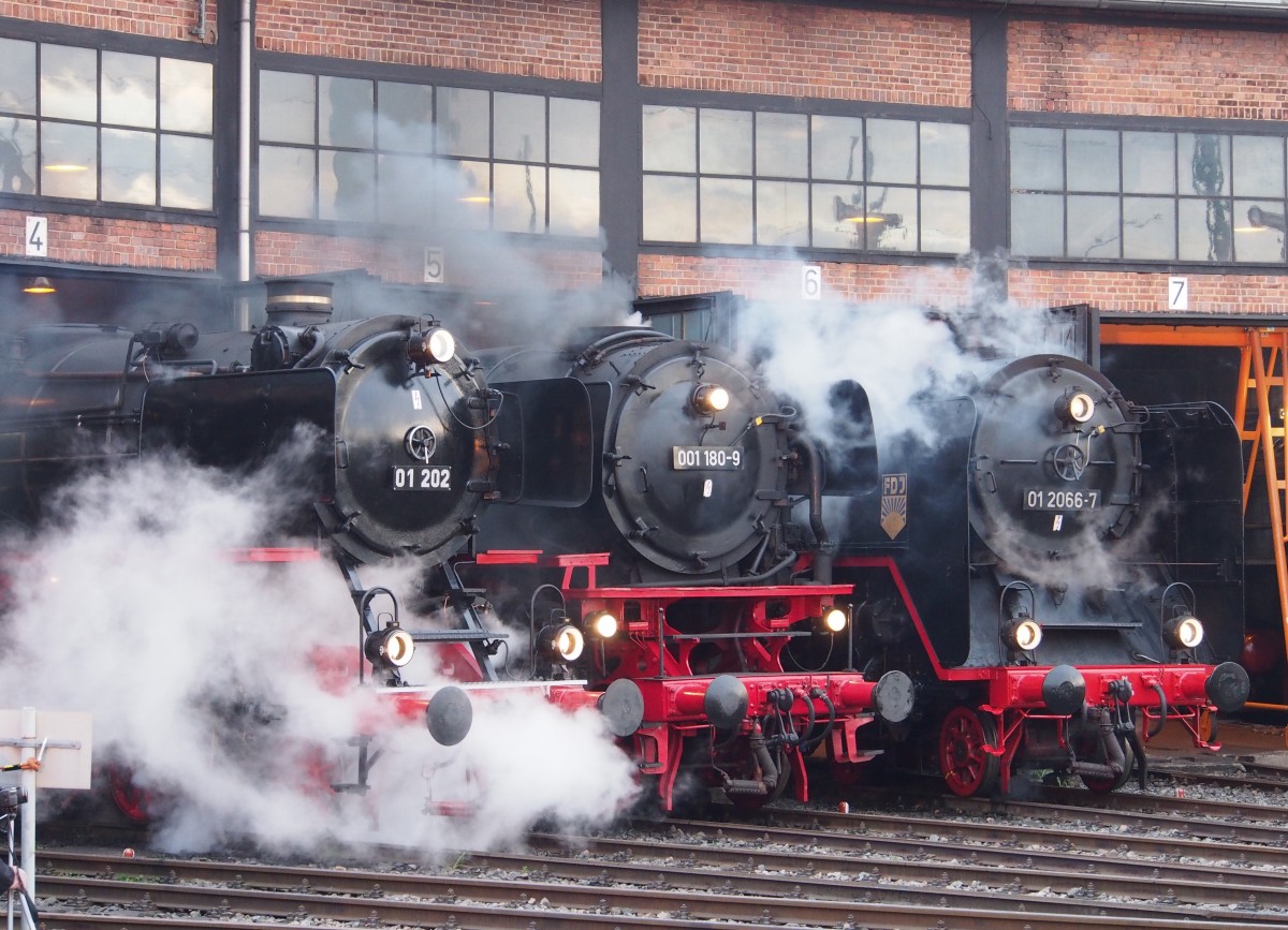 Halb vor dem Schuppen im Bw Dresden Altstadt stehen 01 202, 001 180-9 und 01 2066-7 beim 7. Dresdner dampfloktreffen am 17.04.2015.