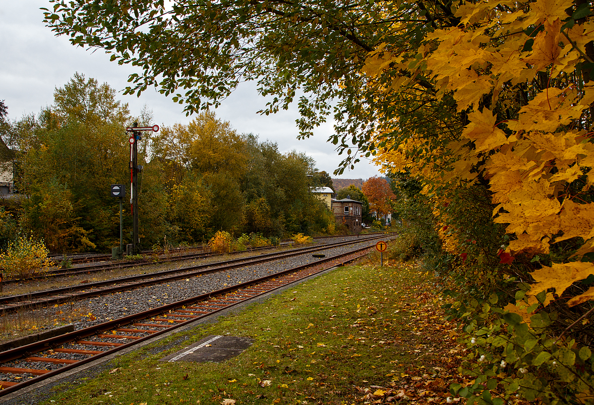 Herbstzeit in Herdorf....
Blick vom Bahnsteig vom Bahnhof Herdorf am 23.10.2021 in Richtung Betzdorf, hinten das Stellwerk Herdorf Fahrdienstleiter (Hf).