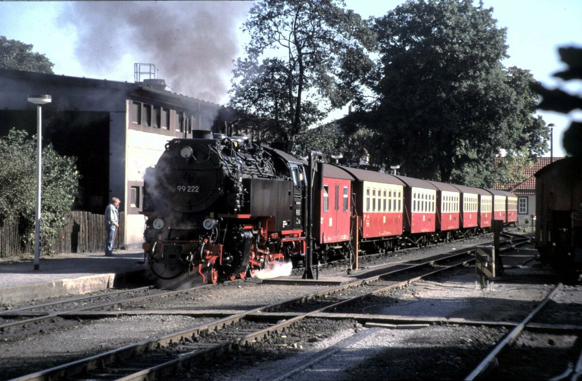 HSB 99 222 fährt mit dem Zug Richtung Brocken aus Werningerode aus am 05.09.1999.