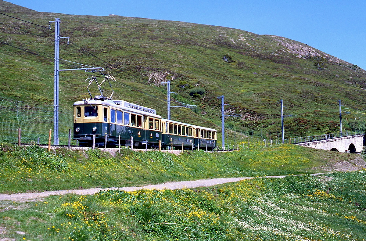 Im Juni 1990 hat sich BDhe 4/4 116 auf den Weg von der Kleinen Scheidegg in Richtung Lauterbrunnen gemacht