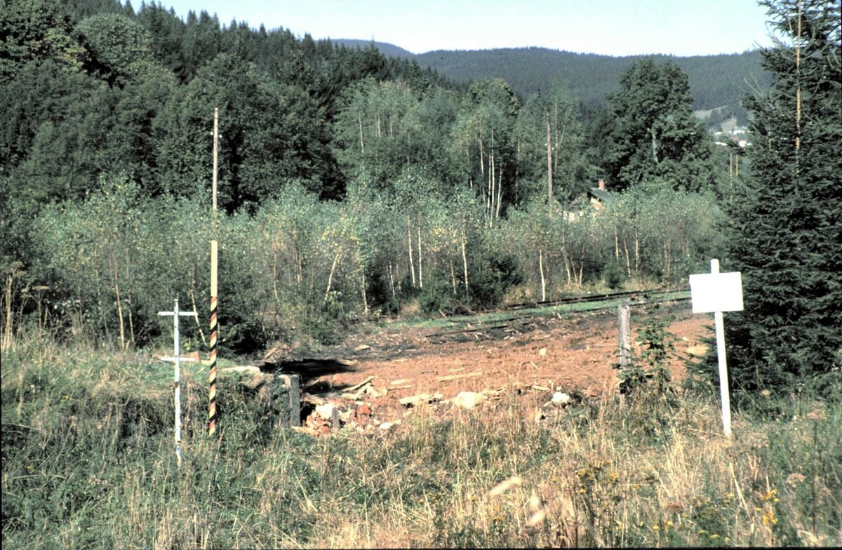 Im Oktober 1989 wurden auf der Tschechischen Seite zwei Gleise von den durchgewachsenen B�umen befreit und notd�rftig befahrbar gemacht. Auch wurde Kies zwischen den Gleisen gesch�ttet und planiert. Die Betonkl�tze der Absperrung waren beiseite geschoben, Bahnhofsbereich Bayerisch Eisenstein. �ber viele Jahre endete die Strecke im ca. 3 km entfernten Dorf.