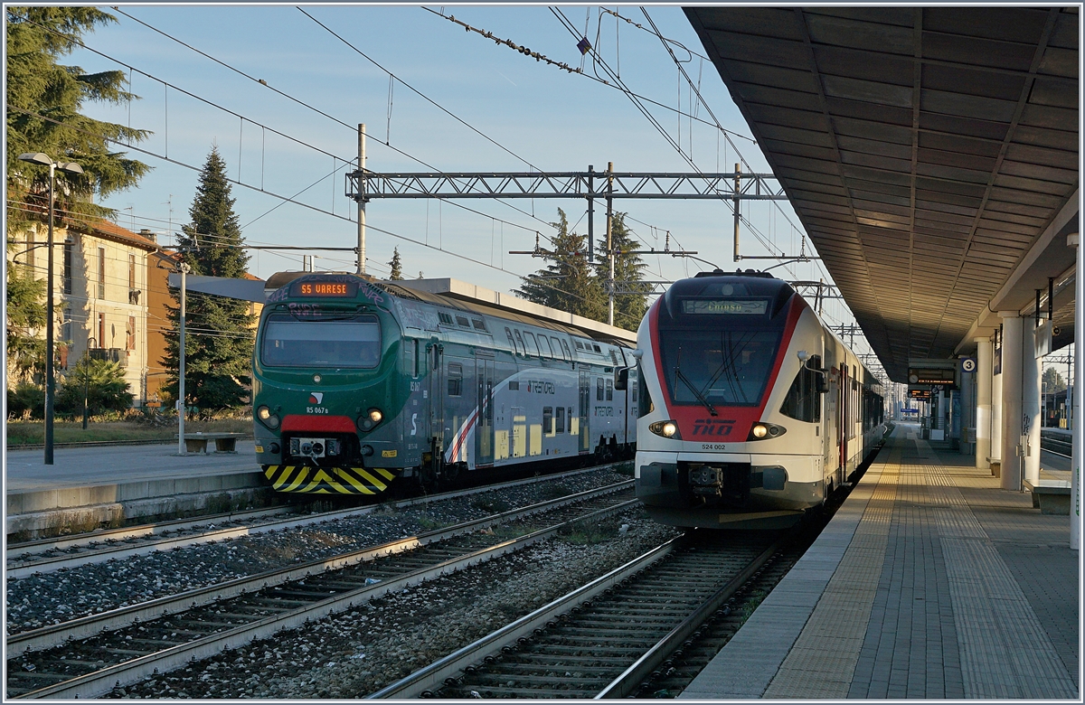 In Gallarte wartet ein Trenord Triebwagen Ale 711 und ein SBB TILO RABe 524 auf  ihre Abhfahrt nach Varese bzw. Cadenazzo (via Luino).
5. Jan. 2019
