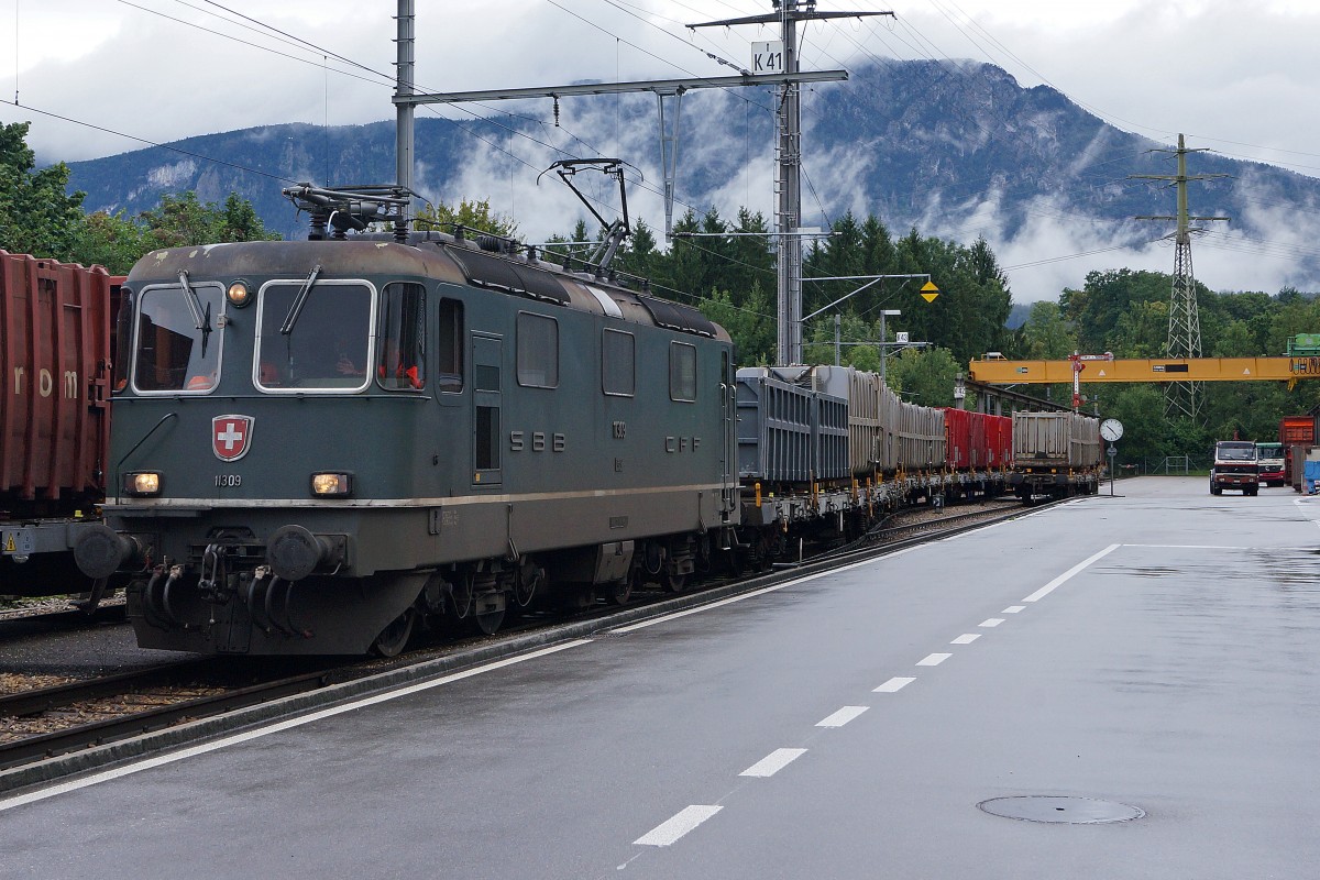 JAHRESRUECKBLICK 2014
von Walter Ruetsch
AUGUST
SBB: Re 4/4 || 11309 mit Schlacker- und Kehrichtwagen in Zuchwil am 11. August 2014.