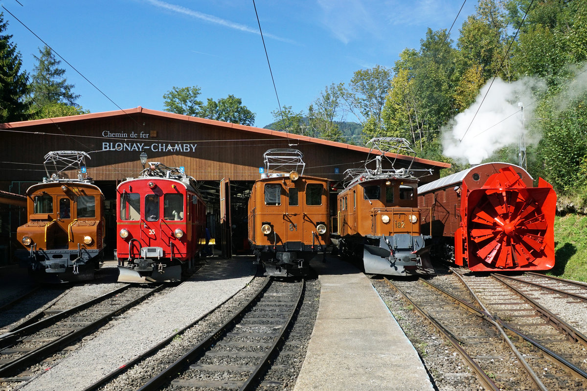 JAHRESRÜCKBLICK 2018
von Walter Ruetsch
Serie Nr. 3
50 JAHRE BLONAY-CHAMBY
Chemin de fer-musée
Vom Anfang bis zum Ende der Saison 2018 feierte die Blonay-Chamby-Bahn sein 50 jähriges Bestehen mit einem sehr interessanten und abwechslungsreichen Programm.
Einmalige Fahrzeugparade vor dem Depot-Museum in Chaulin vom 8. September 2018.
Den zahlreichen Festbesuchern wurden folgende RhB-Fahrzeuge präsentiert:
Ge 2/2 161, ABe 4/4 35, Ge 4/4 81, Ge 4/4 182 sowie die Dampfschneeschleuder der Bernina Bahn.
