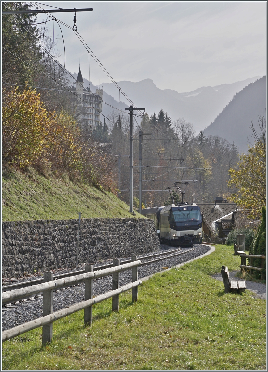 Kurz nach Gstaad erklimmt die MOB Ge 4/4 800 mit ihrem GoldenPass Express auf der Fahrt von  Montreux nach Interlaken die Steigung in Richtung Schönried. 

13. Oktober 2024