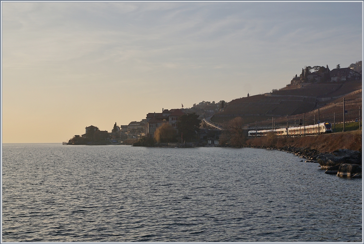 Kurz nach Rivaz sind zwei Flirts im letzten Licht des Tages auf dem Weg nach Villeneue. 

25. Jan. 2019