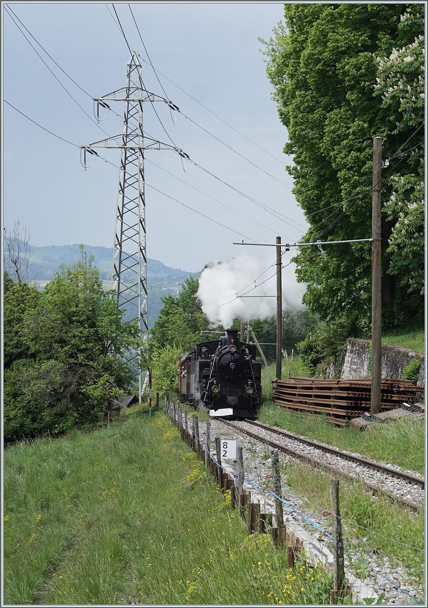Kurz vor Kilometer 8.2 ist die BFD HG 3/4 N° der Blonay Chamby Bahn mit ihrem Dampfzug auf dem Weg nach Chaulin (via Chamby).

3. Mai 2025
